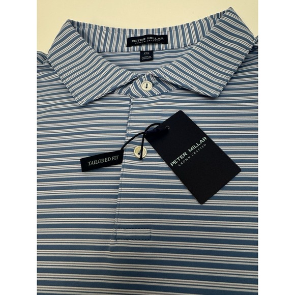 NWT Peter Millar BOWEN Triple Triple Stripe Jersey Golf Polo Shirt Blue XXL $115 - Picture 3 of 10